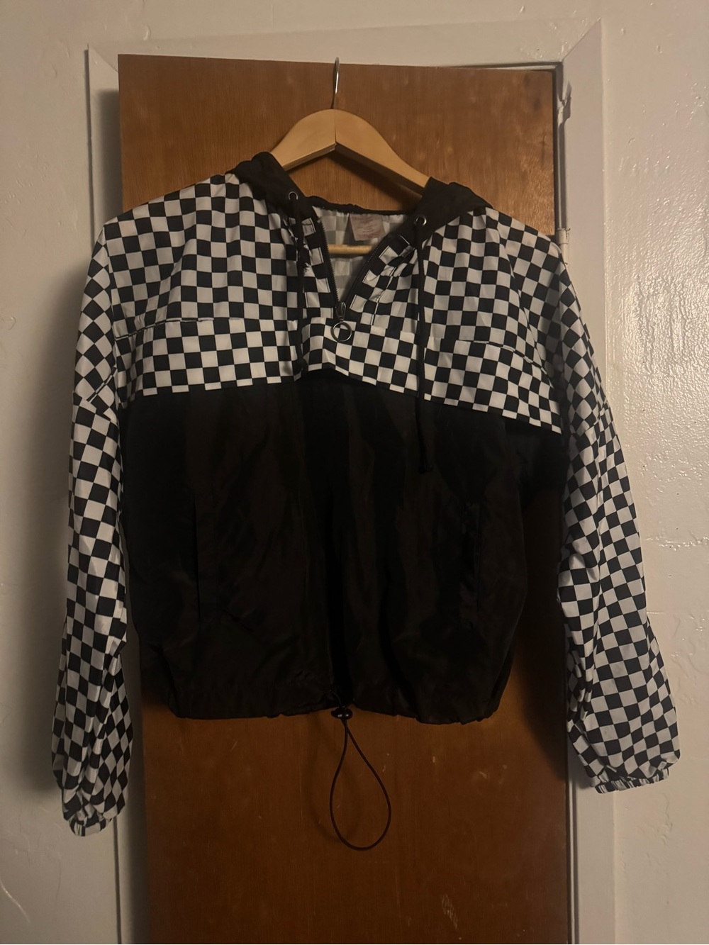 Kids Black & White Checkerboard Hooded Windbreaker Jacket